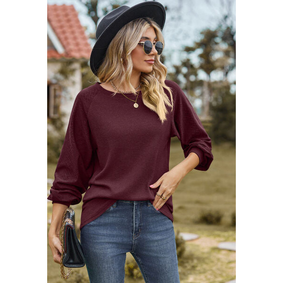 Eyelet Round Neck Long Sleeve T - Shirt Apparel and Accessories