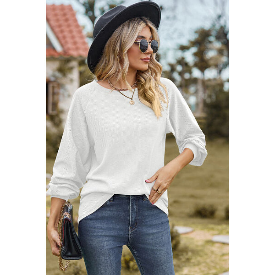 Eyelet Round Neck Long Sleeve T - Shirt Apparel and Accessories