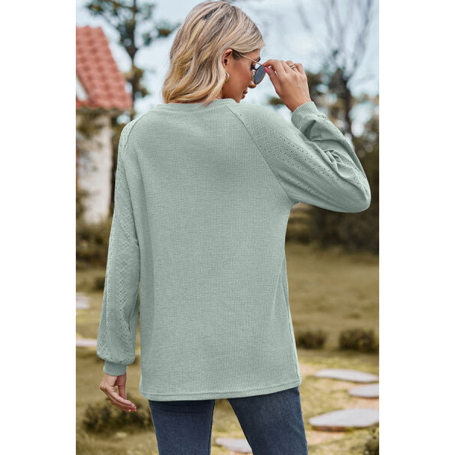 Eyelet Round Neck Long Sleeve T - Shirt Apparel and Accessories