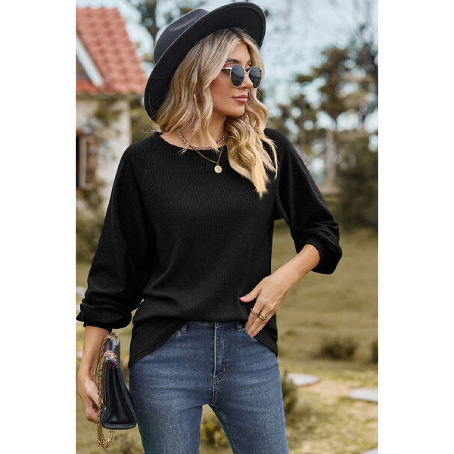Eyelet Round Neck Long Sleeve T - Shirt Apparel and Accessories