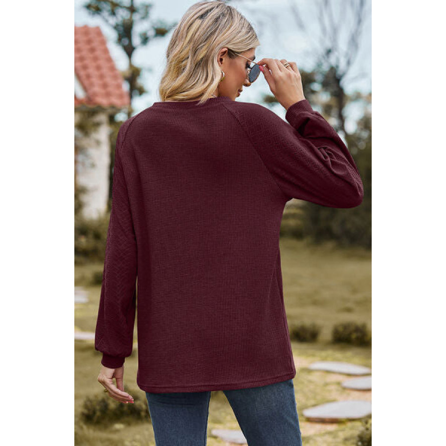 Eyelet Round Neck Long Sleeve T - Shirt Apparel and Accessories