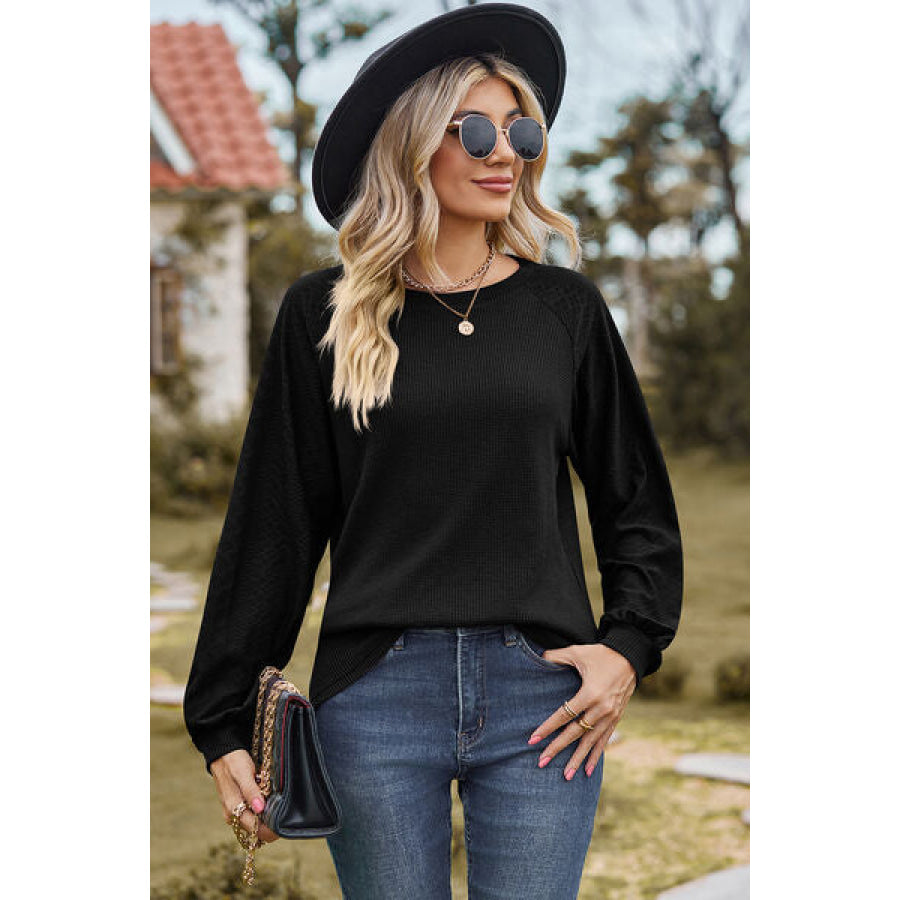 Eyelet Round Neck Long Sleeve T - Shirt Black / S Apparel and Accessories