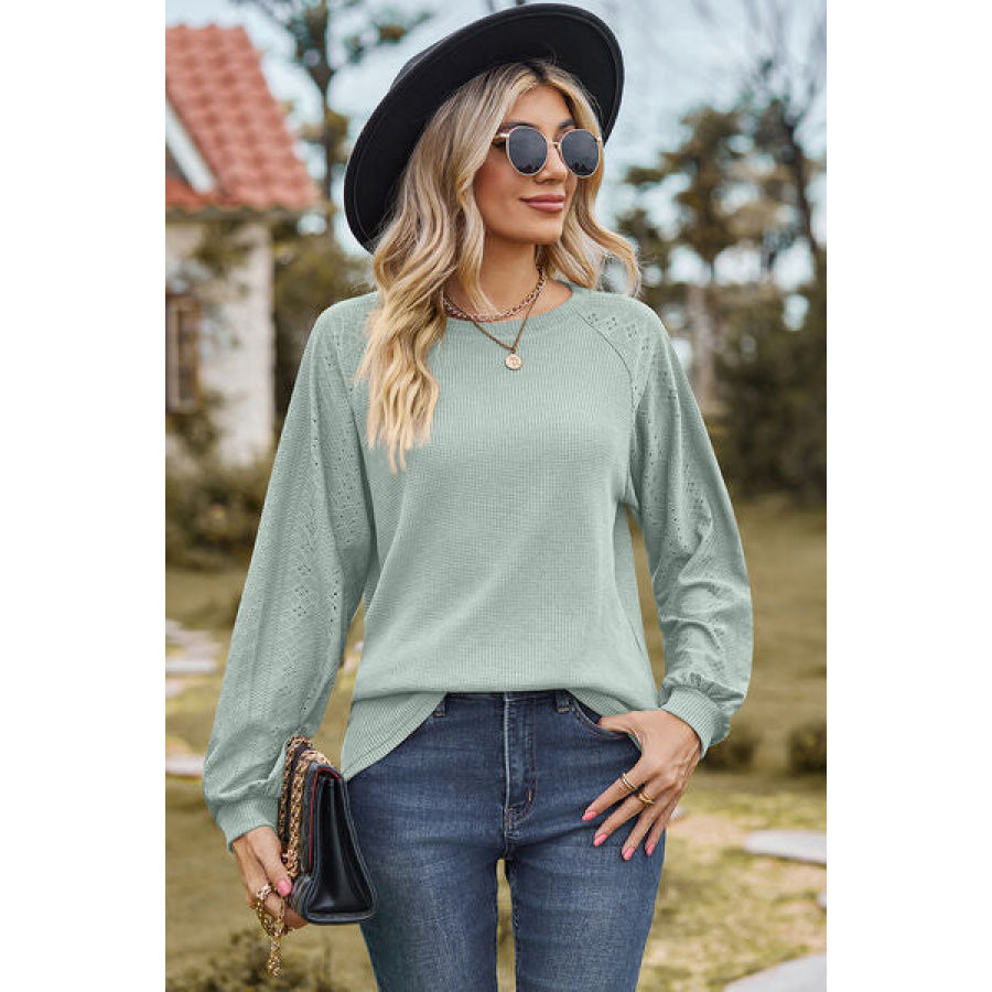 Eyelet Round Neck Long Sleeve T - Shirt Gum Leaf / S Apparel and Accessories