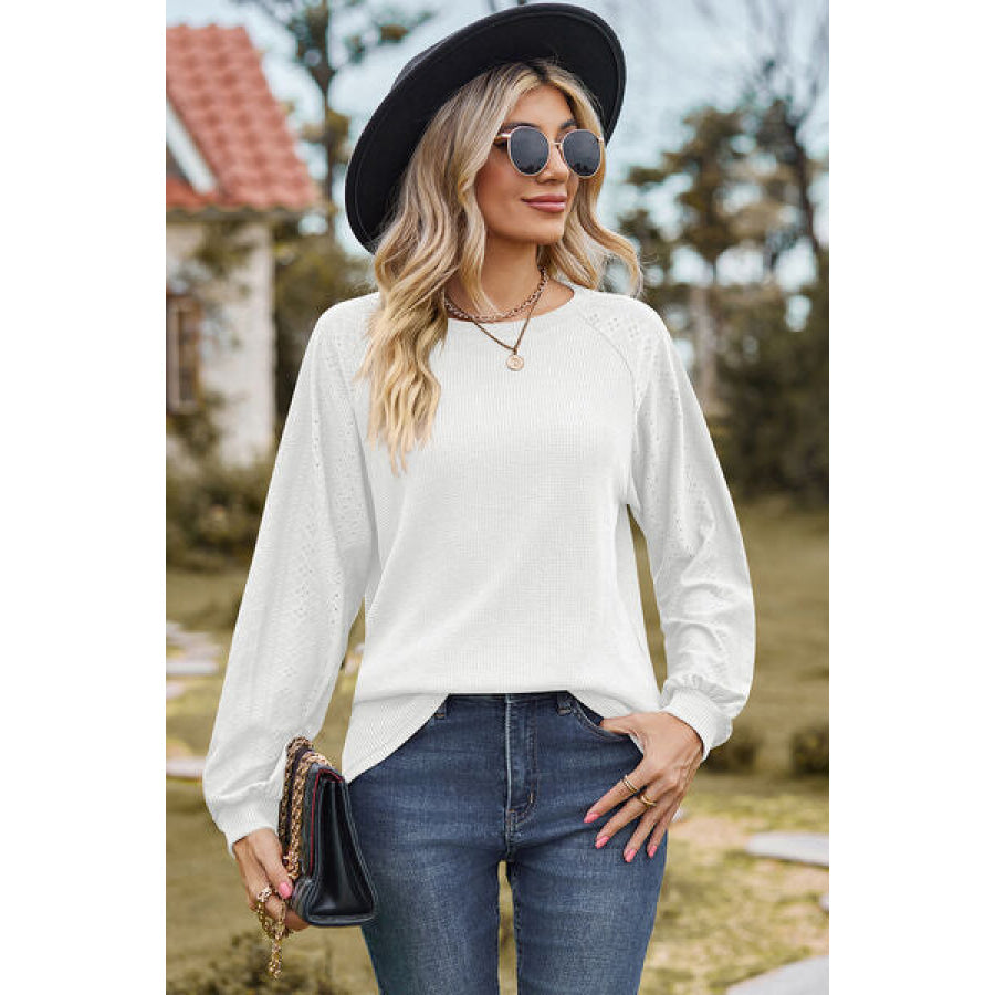 Eyelet Round Neck Long Sleeve T - Shirt White / S Apparel and Accessories
