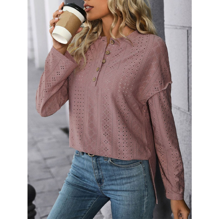 Eyelet Round Neck Long Sleeve Top Apparel and Accessories