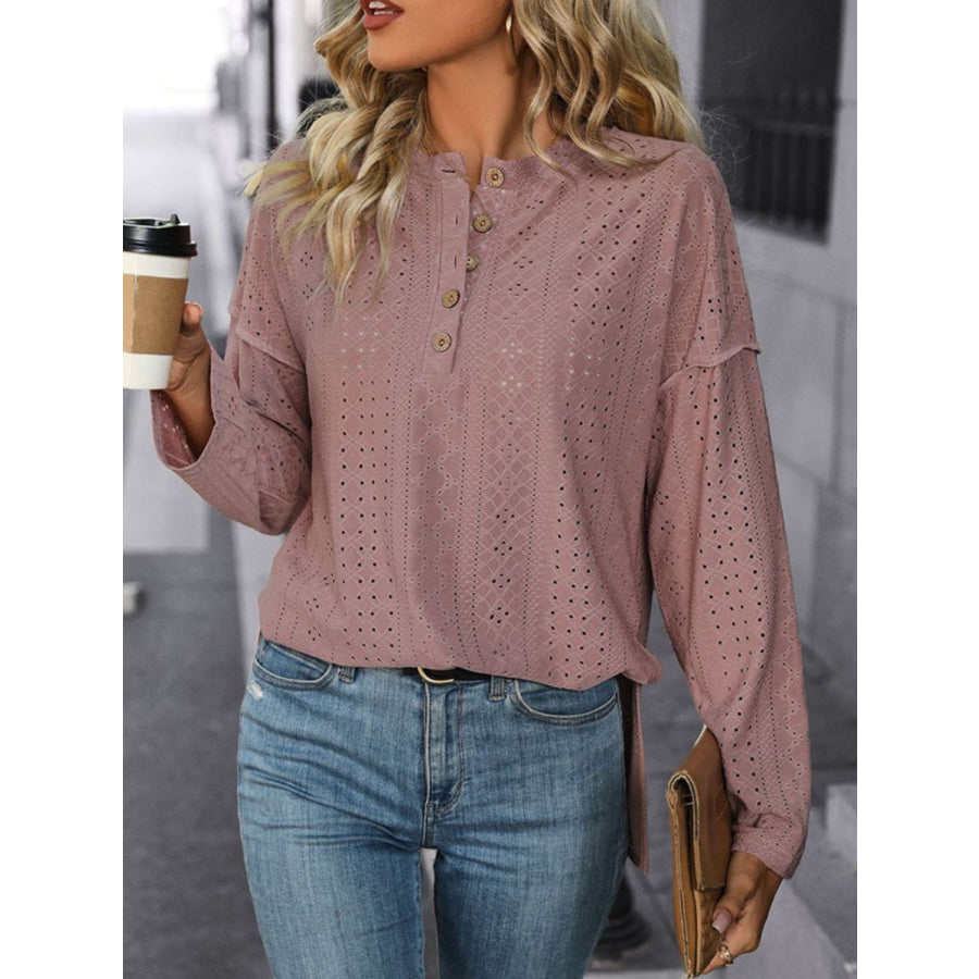 Eyelet Round Neck Long Sleeve Top Apparel and Accessories