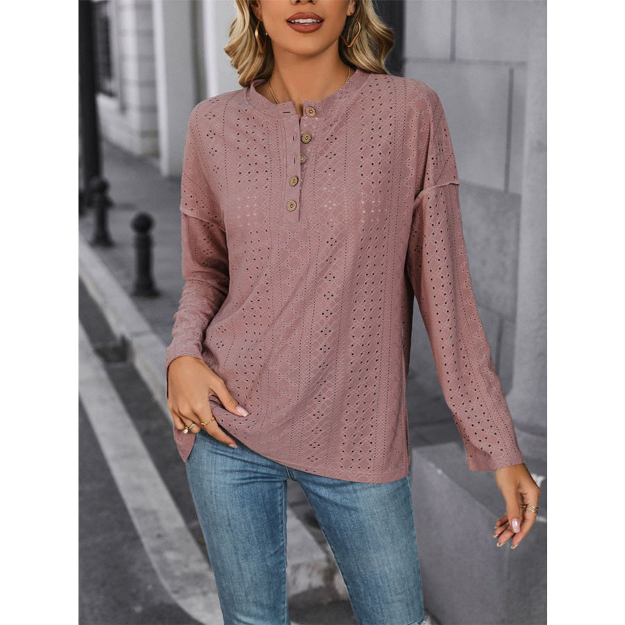 Eyelet Round Neck Long Sleeve Top Apparel and Accessories
