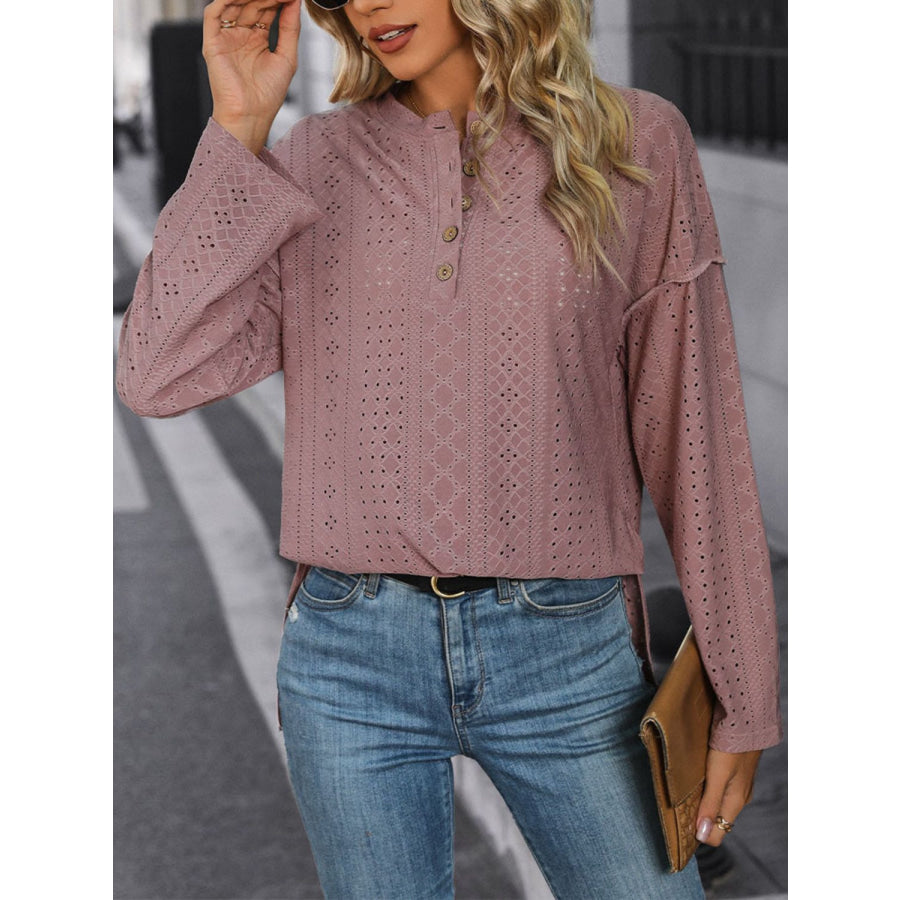 Eyelet Round Neck Long Sleeve Top Apparel and Accessories