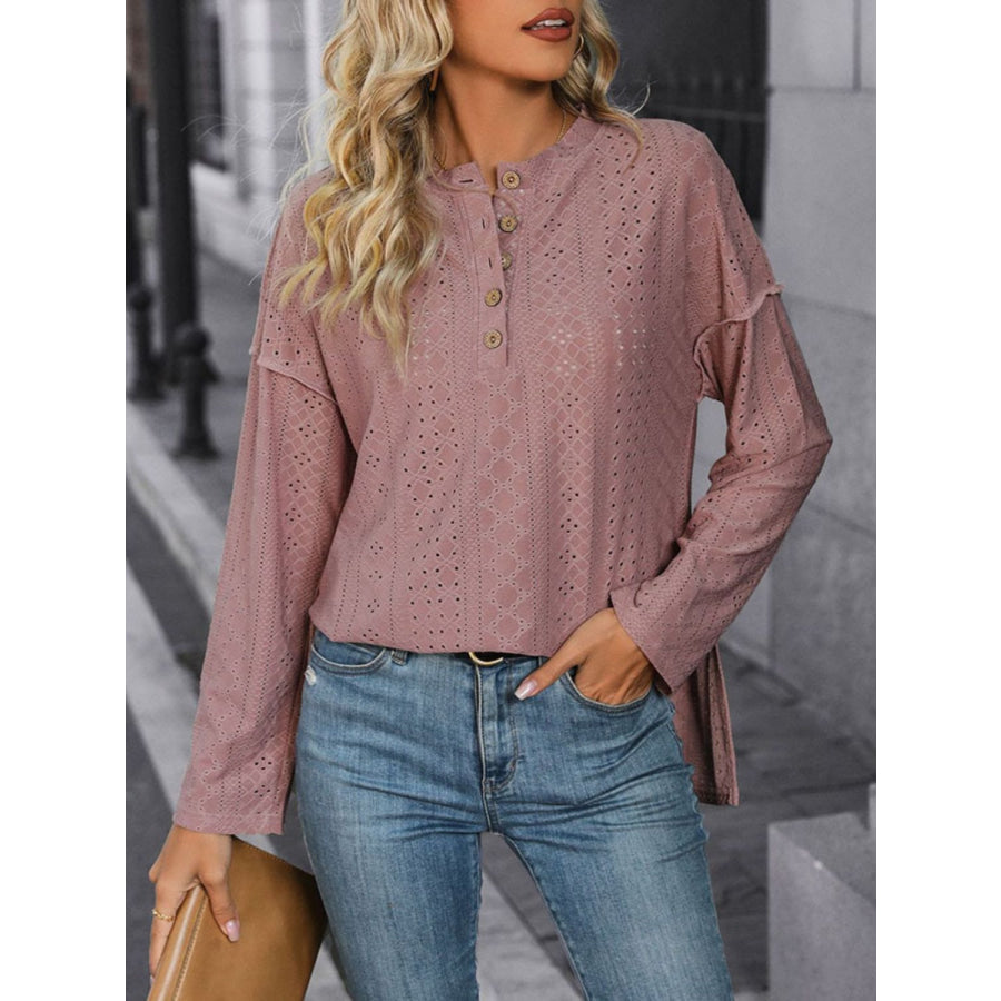 Eyelet Round Neck Long Sleeve Top Dusty Pink / S Apparel and Accessories