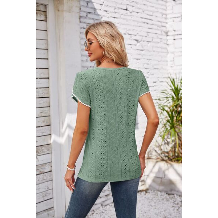 Eyelet Round Neck Petal Sleeve T - Shirt Apparel and Accessories