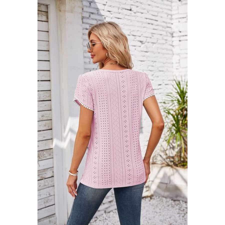 Eyelet Round Neck Petal Sleeve T - Shirt Apparel and Accessories