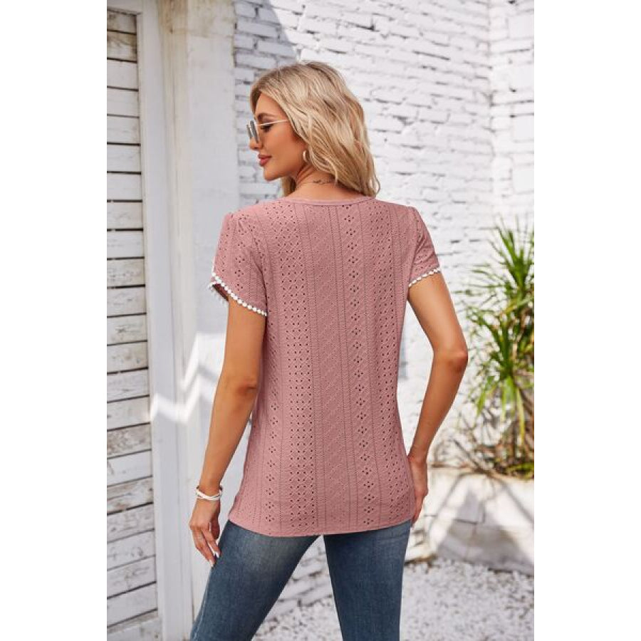 Eyelet Round Neck Petal Sleeve T - Shirt Apparel and Accessories