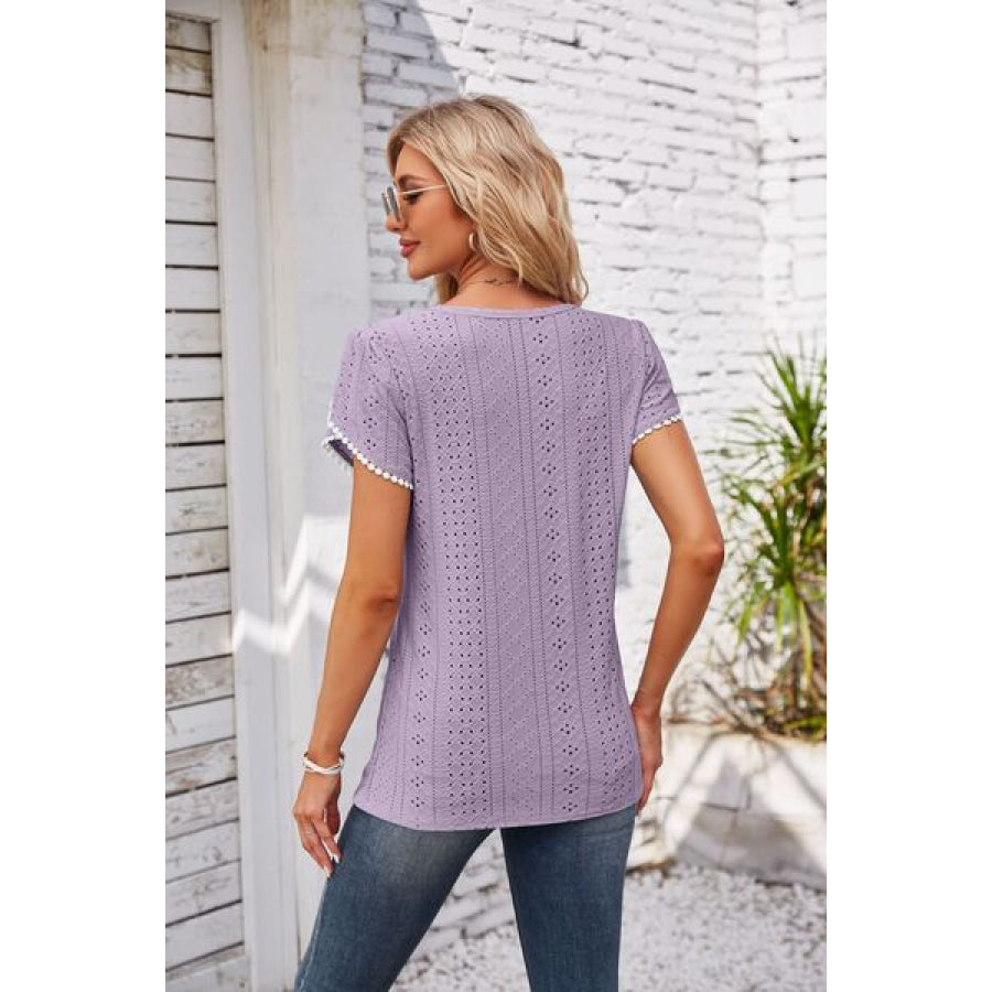 Eyelet Round Neck Petal Sleeve T - Shirt Apparel and Accessories