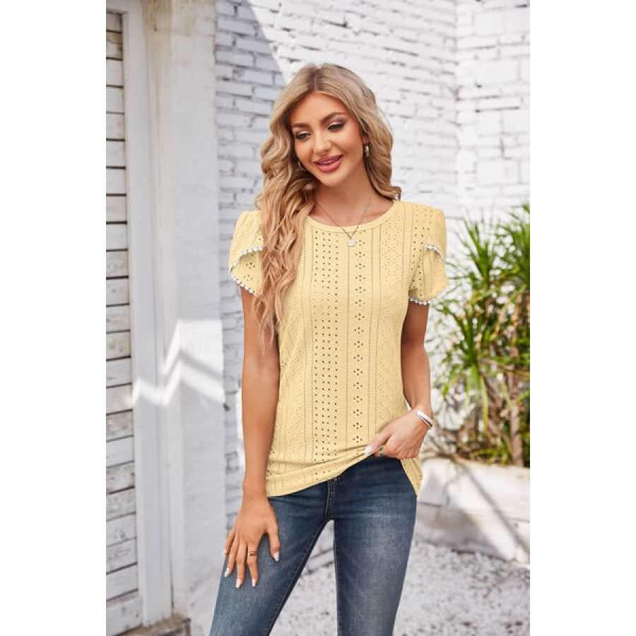 Eyelet Round Neck Petal Sleeve T - Shirt Butter Yellow / S Apparel and Accessories