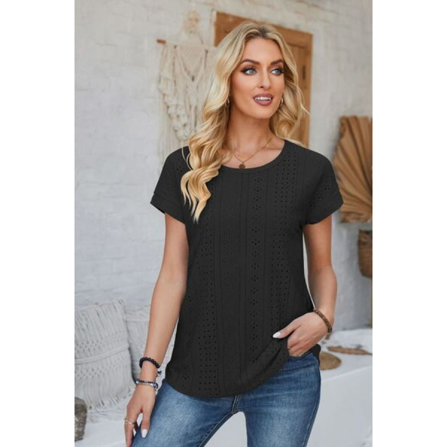 Eyelet Round Neck Rolled Short Sleeve T - Shirt Apparel and Accessories
