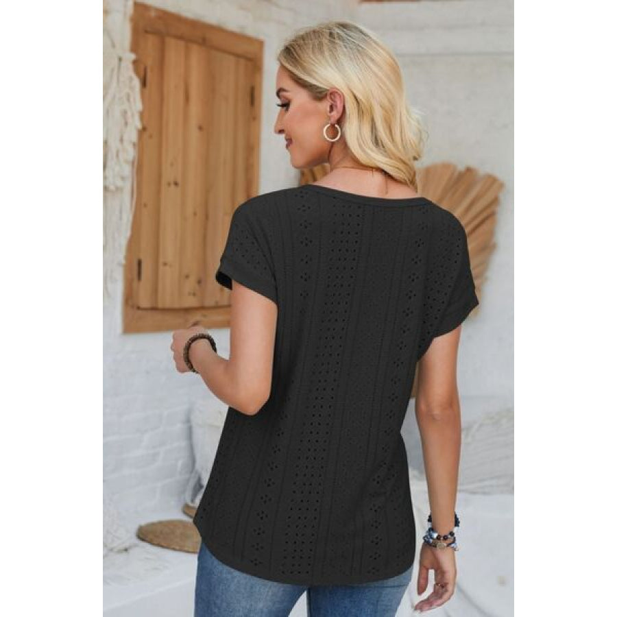 Eyelet Round Neck Rolled Short Sleeve T - Shirt Apparel and Accessories