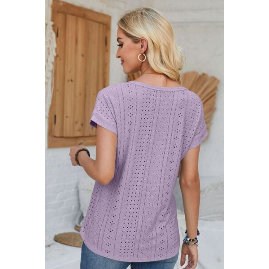 Eyelet Round Neck Rolled Short Sleeve T - Shirt Apparel and Accessories