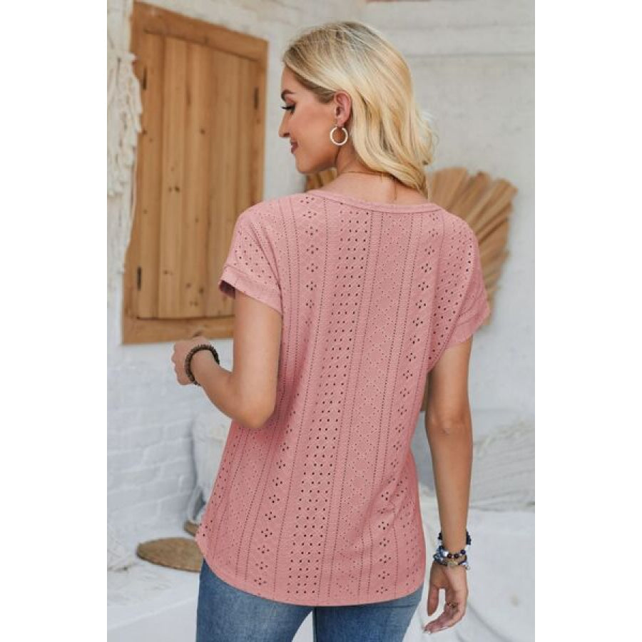 Eyelet Round Neck Rolled Short Sleeve T - Shirt Apparel and Accessories