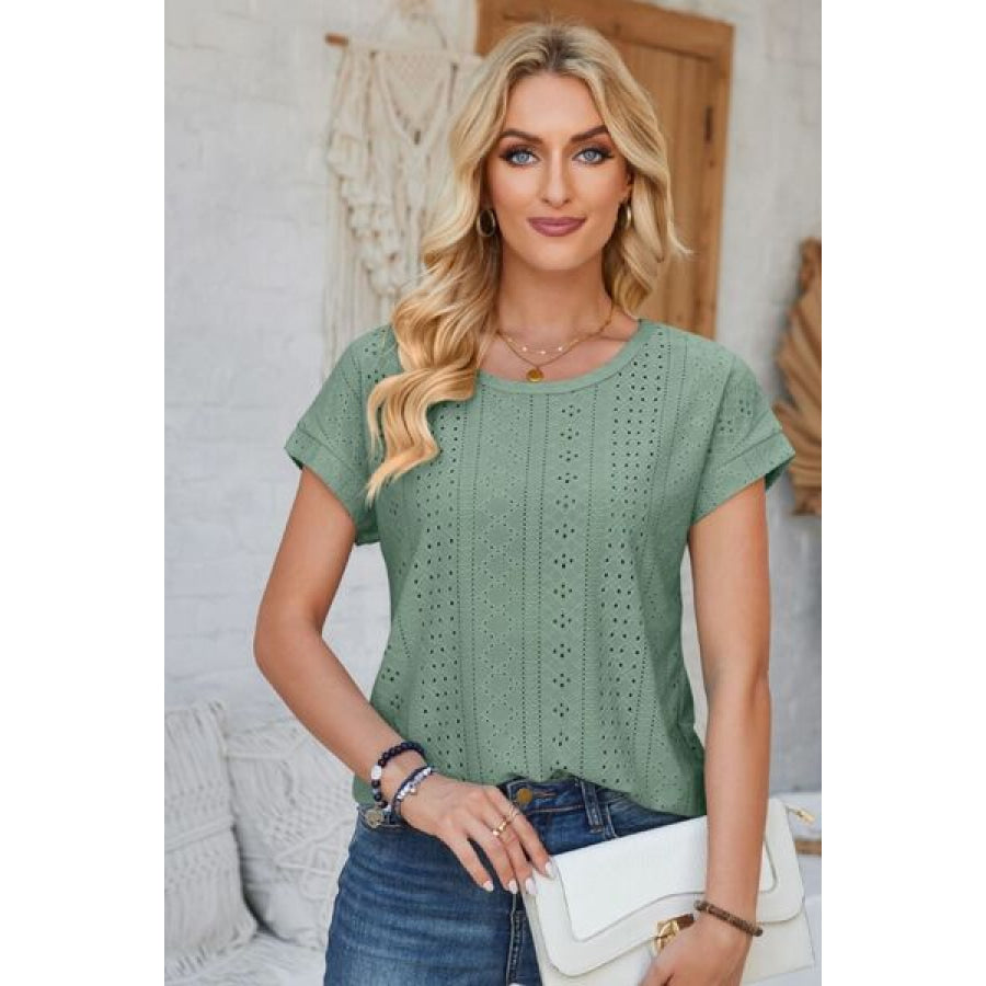 Eyelet Round Neck Rolled Short Sleeve T - Shirt Apparel and Accessories
