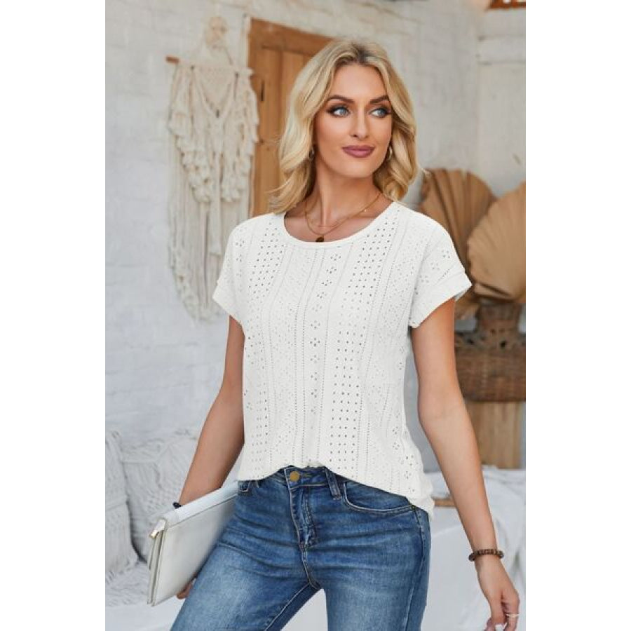 Eyelet Round Neck Rolled Short Sleeve T - Shirt Apparel and Accessories