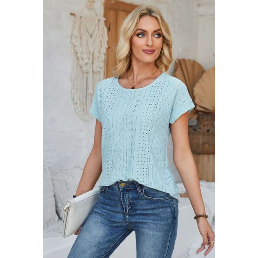Eyelet Round Neck Rolled Short Sleeve T - Shirt Apparel and Accessories