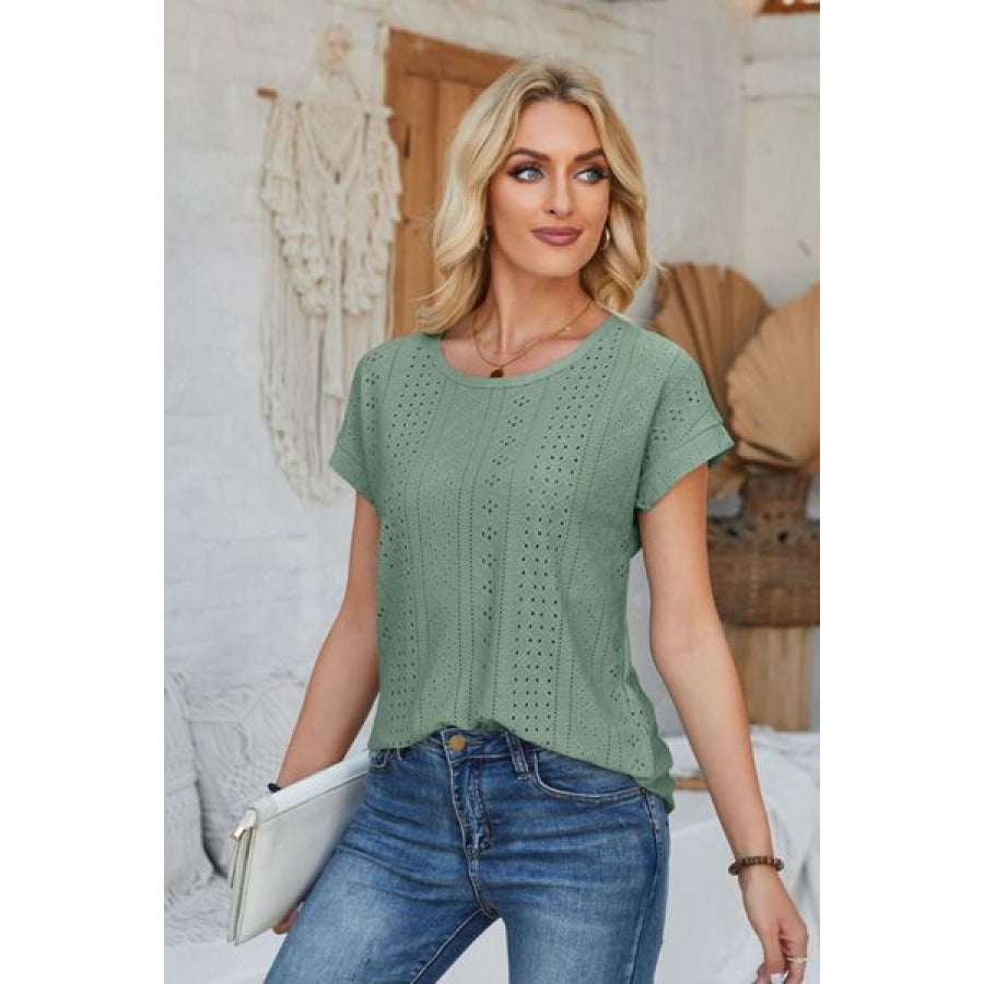 Eyelet Round Neck Rolled Short Sleeve T - Shirt Apparel and Accessories