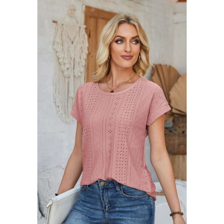 Eyelet Round Neck Rolled Short Sleeve T - Shirt Apparel and Accessories