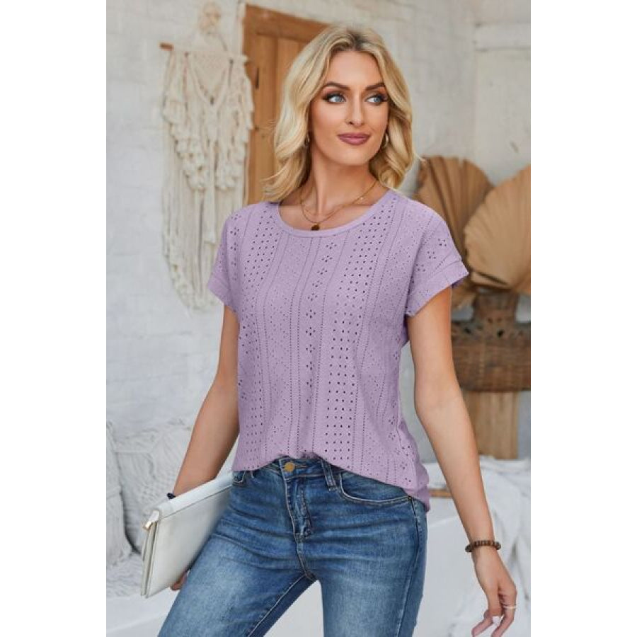 Eyelet Round Neck Rolled Short Sleeve T - Shirt Apparel and Accessories