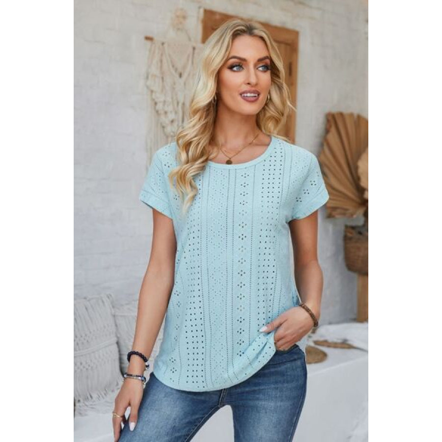 Eyelet Round Neck Rolled Short Sleeve T - Shirt Apparel and Accessories