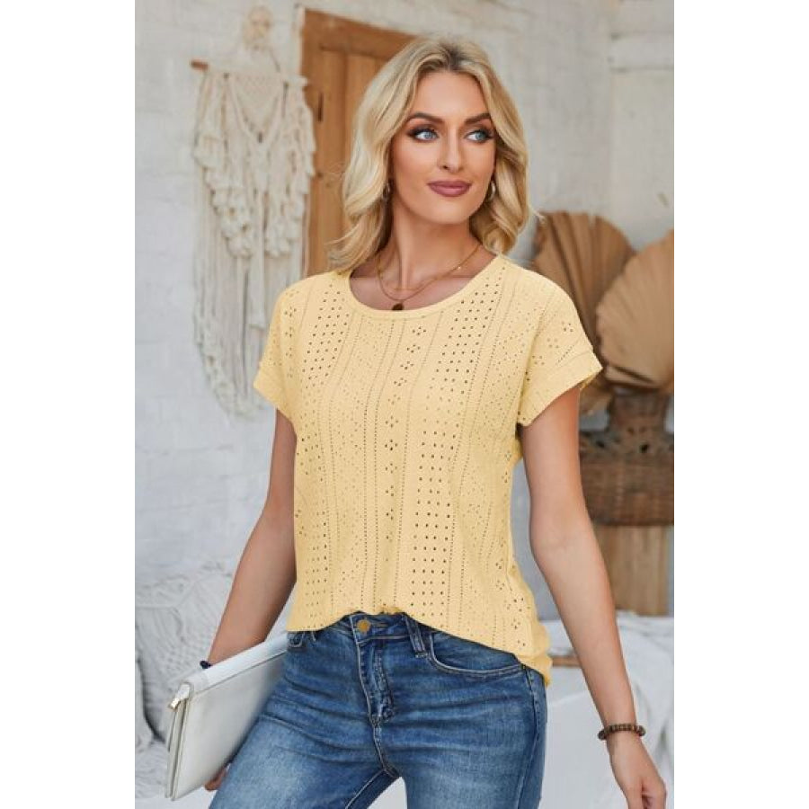 Eyelet Round Neck Rolled Short Sleeve T - Shirt Apparel and Accessories