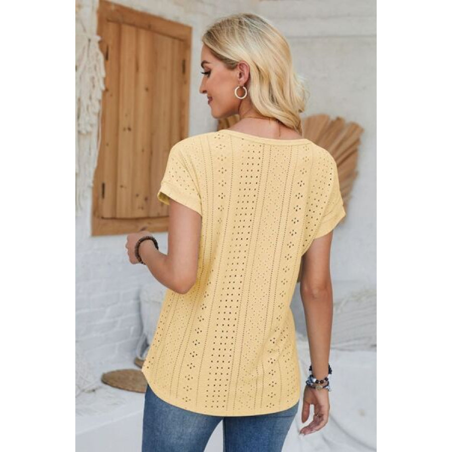 Eyelet Round Neck Rolled Short Sleeve T - Shirt Apparel and Accessories
