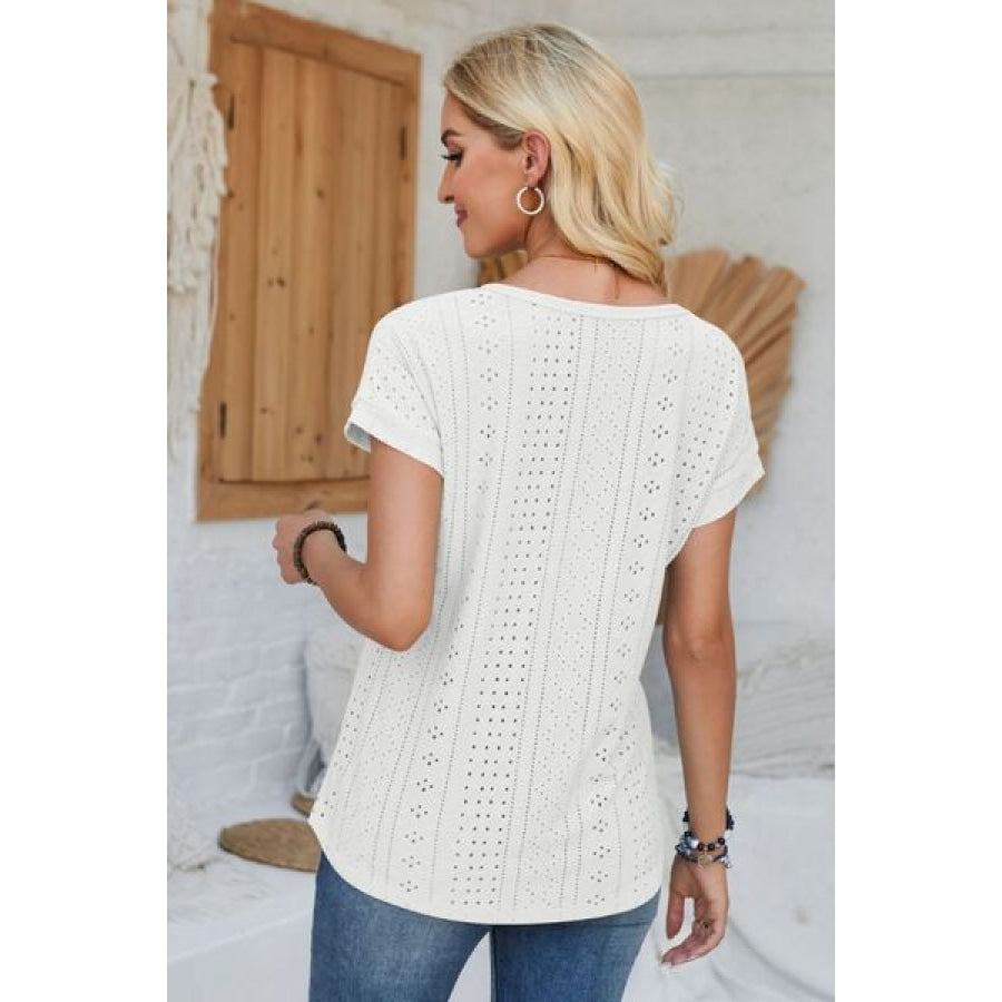 Eyelet Round Neck Rolled Short Sleeve T - Shirt Apparel and Accessories