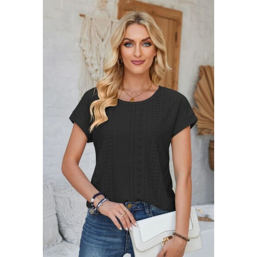 Eyelet Round Neck Rolled Short Sleeve T - Shirt Black / S Apparel and Accessories