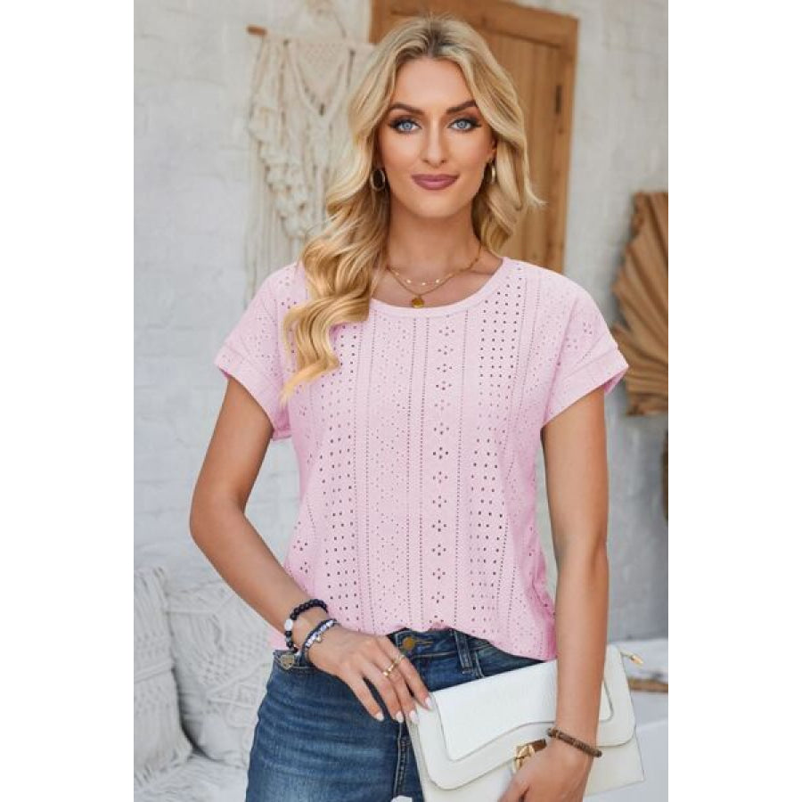 Eyelet Round Neck Rolled Short Sleeve T - Shirt Blush Pink / S Apparel and Accessories