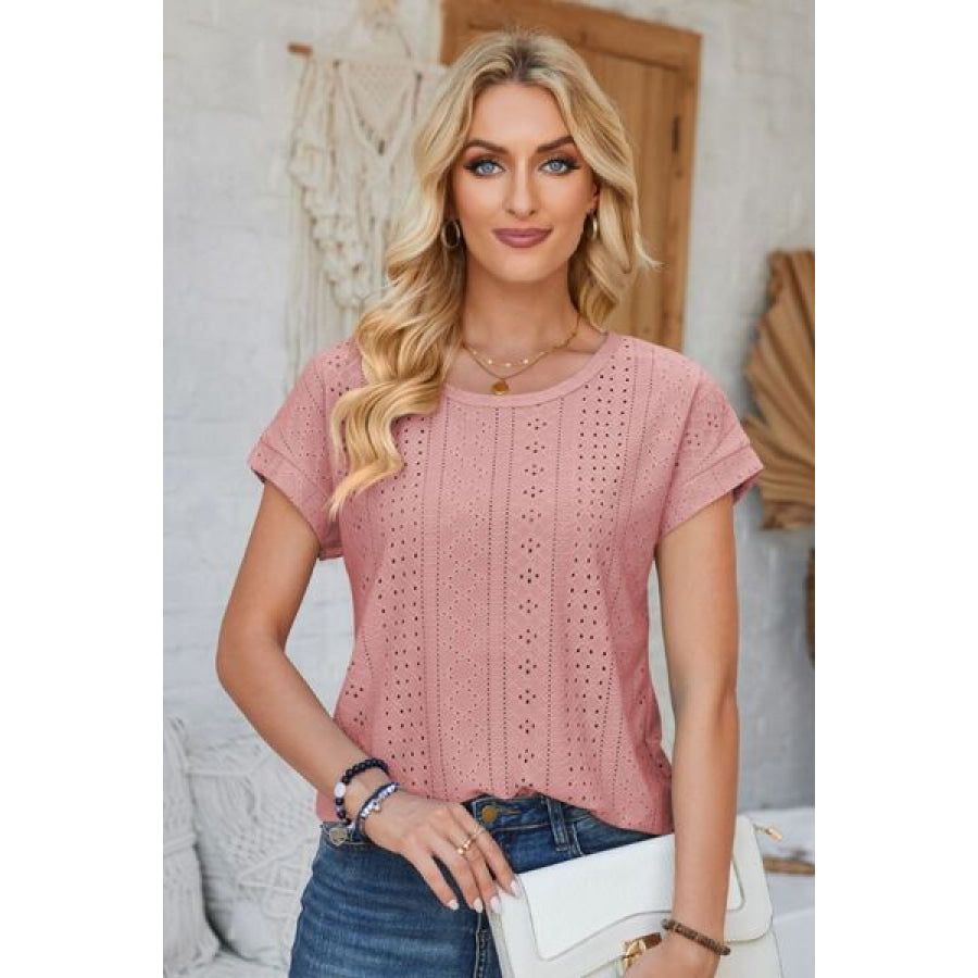 Eyelet Round Neck Rolled Short Sleeve T - Shirt Dusty Pink / S Apparel and Accessories