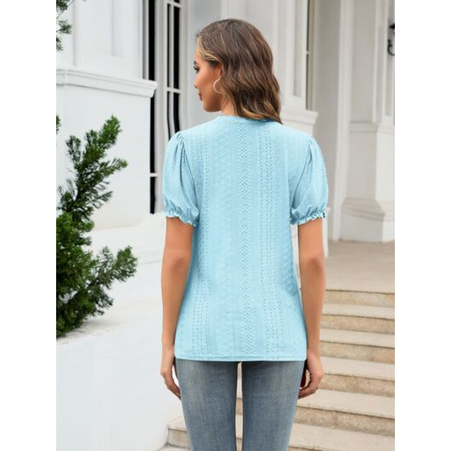 Eyelet Round Neck Short Sleeve Blouse Apparel and Accessories