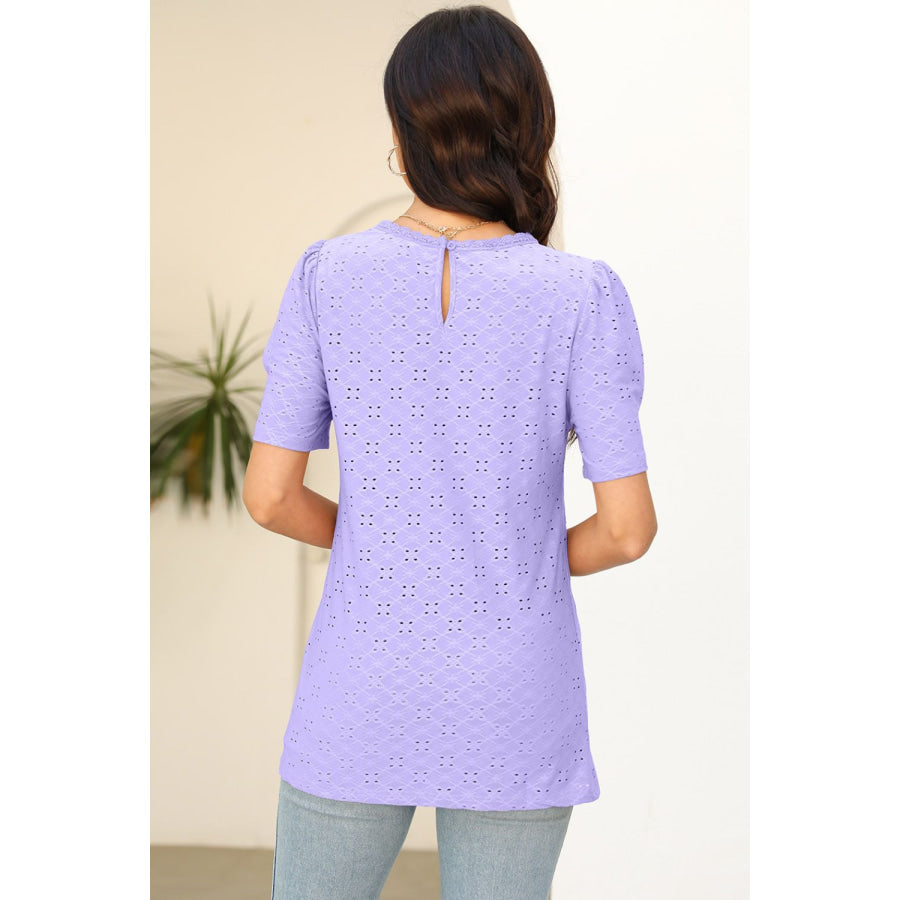 Eyelet Round Neck Short Sleeve T - Shirt Apparel and Accessories