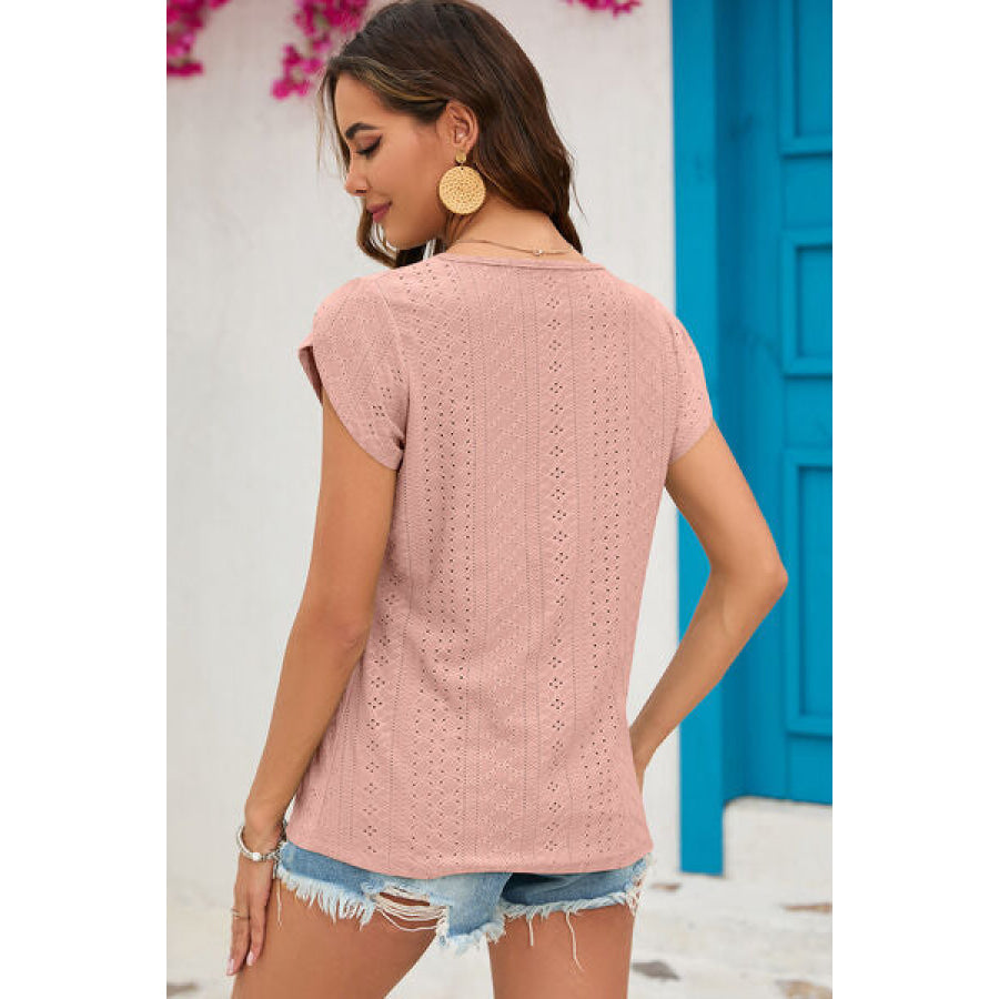 Eyelet Round Neck Short Sleeve T - Shirt Apparel and Accessories