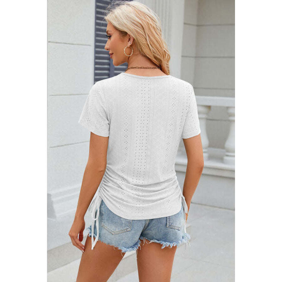 Eyelet Round Neck Short Sleeve T - Shirt Apparel and Accessories
