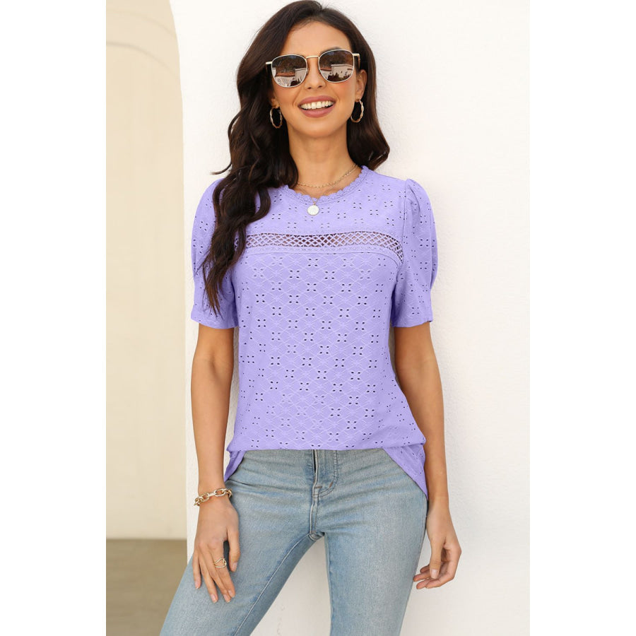Eyelet Round Neck Short Sleeve T - Shirt Apparel and Accessories