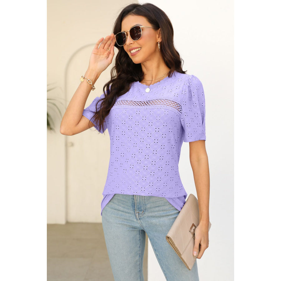 Eyelet Round Neck Short Sleeve T - Shirt Apparel and Accessories