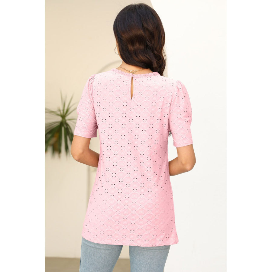 Eyelet Round Neck Short Sleeve T - Shirt Apparel and Accessories
