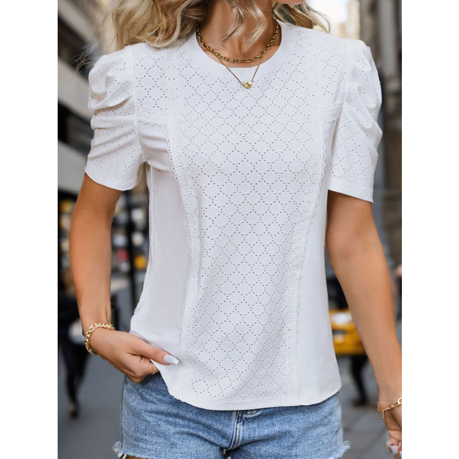 Eyelet Round Neck Short Sleeve T - Shirt Apparel and Accessories