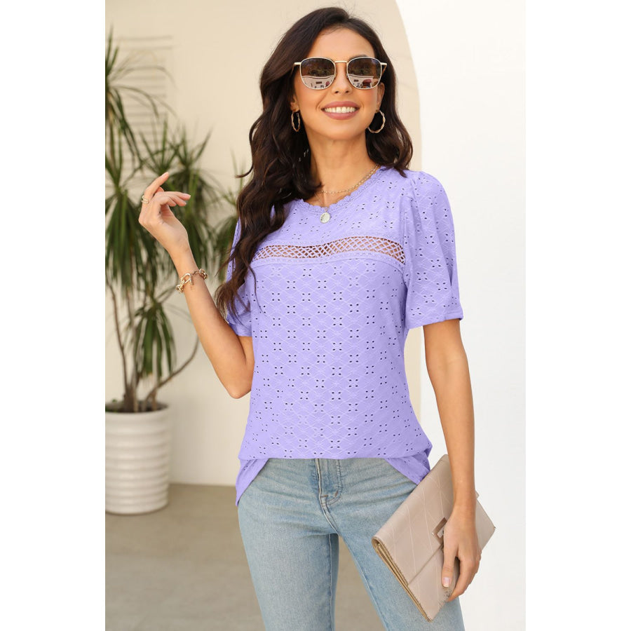 Eyelet Round Neck Short Sleeve T - Shirt Apparel and Accessories