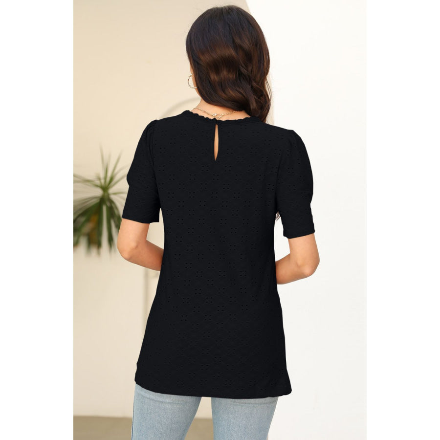 Eyelet Round Neck Short Sleeve T - Shirt Apparel and Accessories