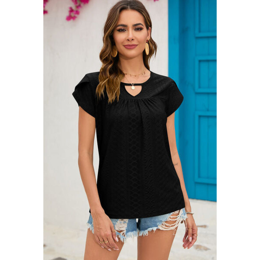 Eyelet Round Neck Short Sleeve T - Shirt Black / S Apparel and Accessories