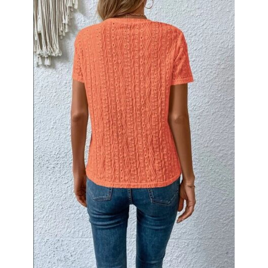 Eyelet Round Neck Short Sleeve T-Shirt Clothing