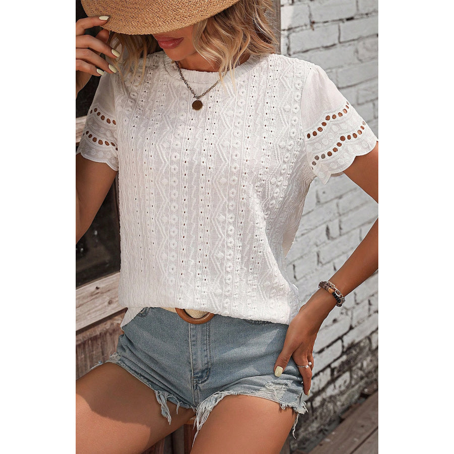 Eyelet Round Neck Short Sleeve Top Apparel and Accessories