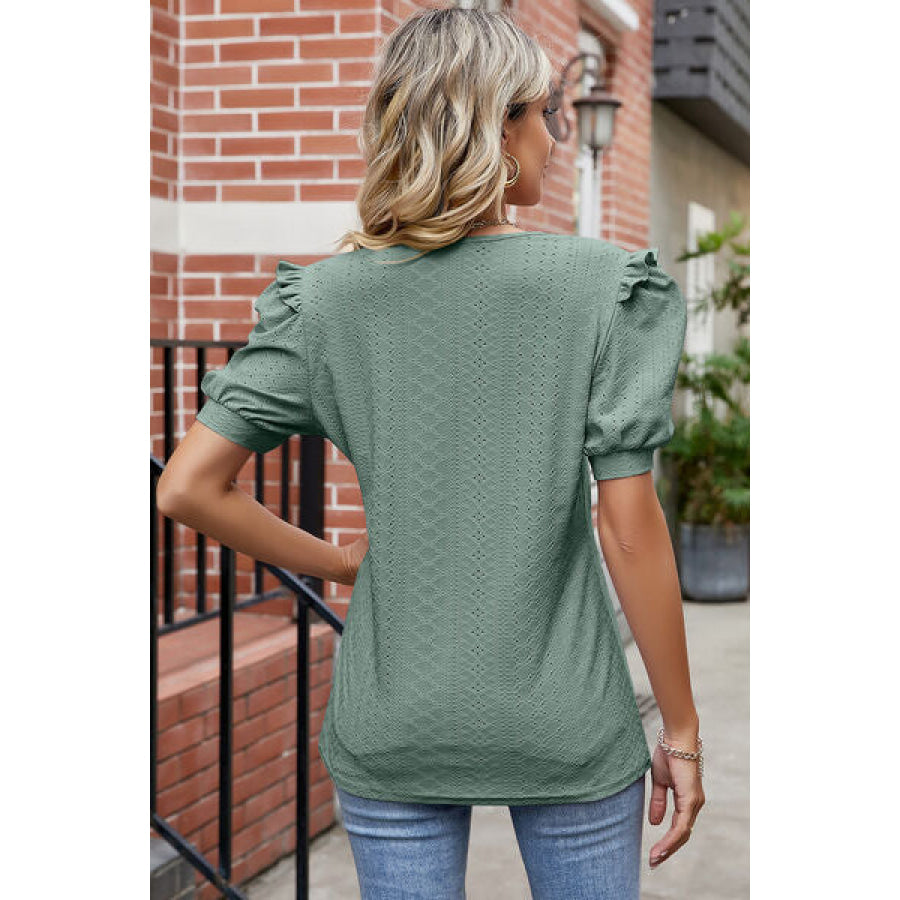 Eyelet Ruffled Round Neck T - Shirt Sage / S Apparel and Accessories