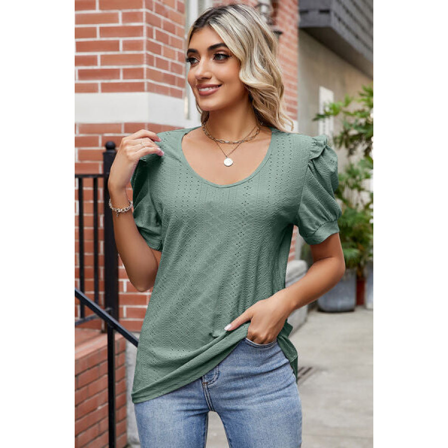 Eyelet Ruffled Round Neck T - Shirt Apparel and Accessories